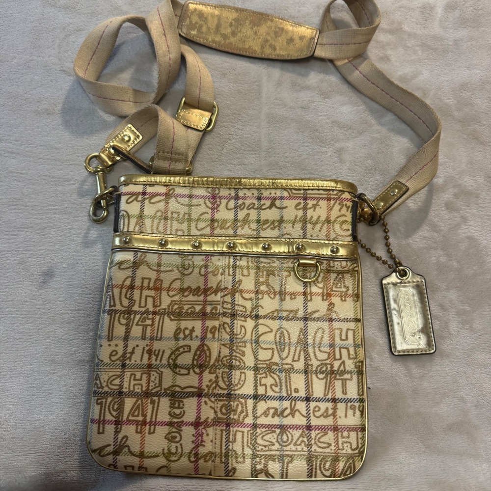 Coach Poppy Tartan Graffiti Swingpack Crossbody Bag Gold Metallic 42239